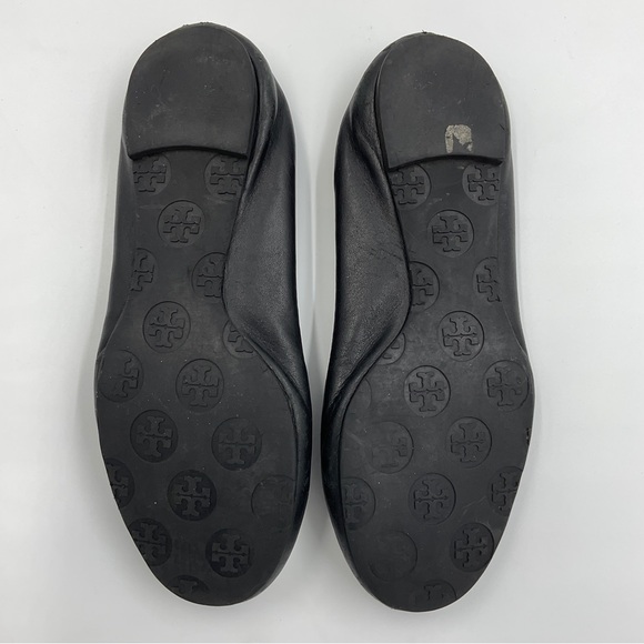 Tory Burch Reva Leather Ballet Flat Black Silver Toe Logo Accent Travel VGUC 5.5 - Picture 10 of 15